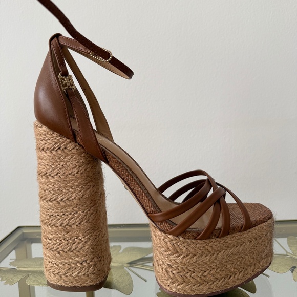 Sam Edelman Kade Cognac Leather Platform Sandals | 5.5" Heel Woven Detail - Picture 1 of 5
